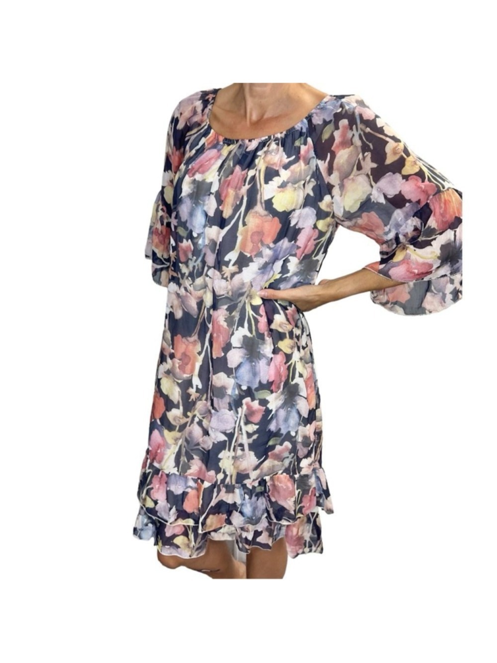 Via Signoria Italy silk blend blue floral off the should bell sleeve ruffle dres
